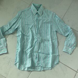 Canali 100% Linen Button Down Size Medium Color Blue with Stripes